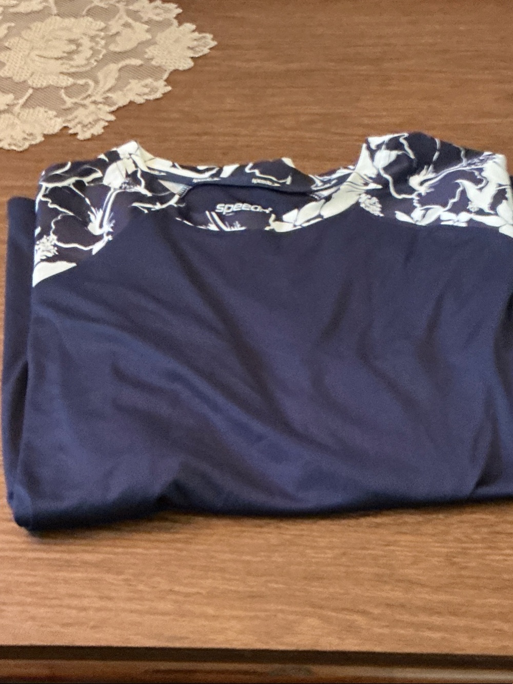 Speedo Navy Swim Tee with White Floral Accents